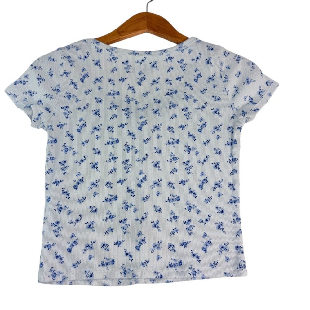 Floral Ribbed T-Shirt Hollister Women’s XS White Blue Short Sleeve Casual Top - Picture 2 of 8